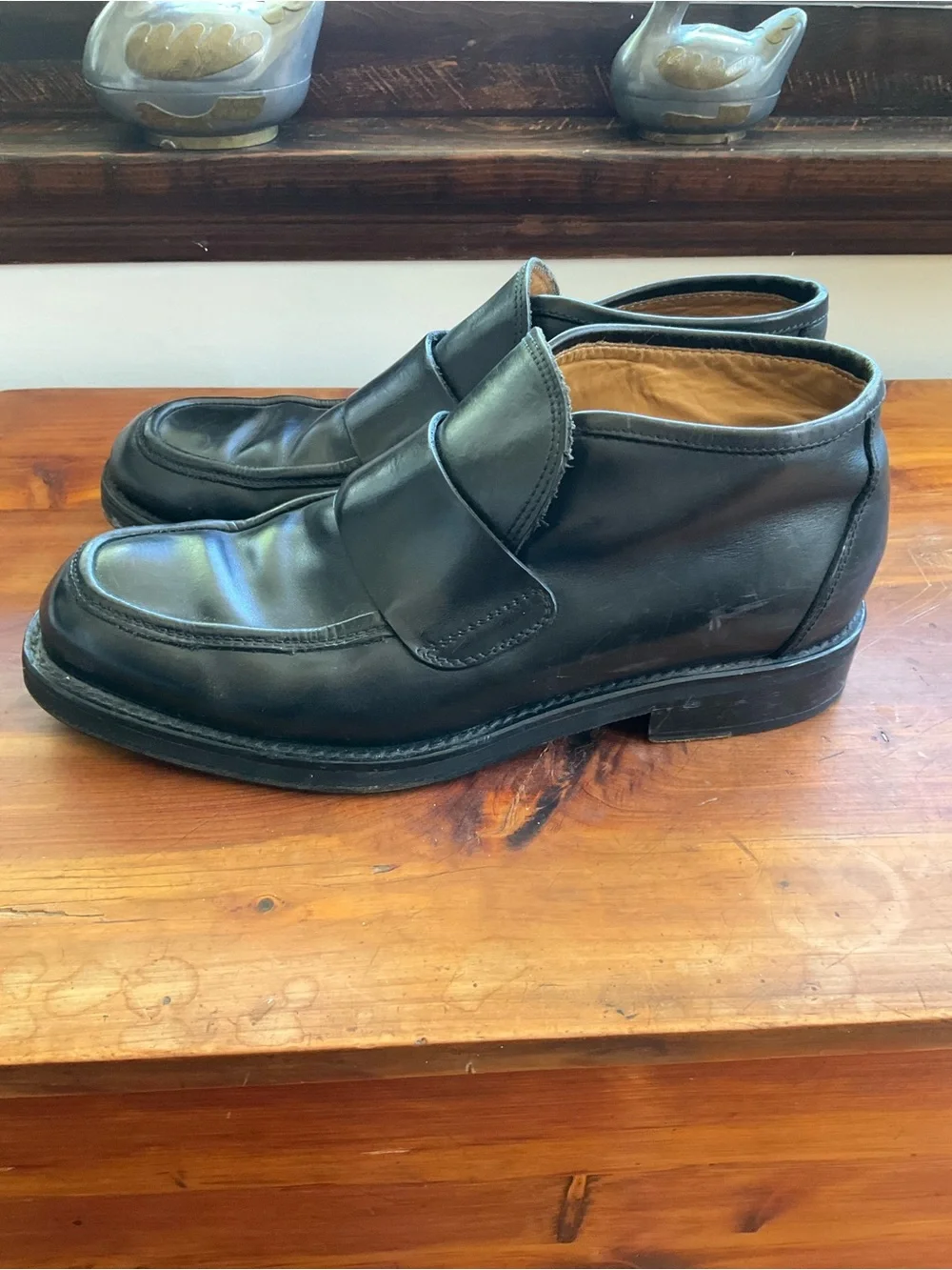Men's Black Leather Moc Toe Ankle Boots, Sz 45